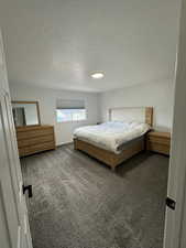 Carpeted bedroom with a textured ceiling