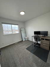 Carpeted home office with a textured ceiling