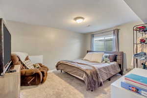 Bedroom with a textured ceiling and carpet