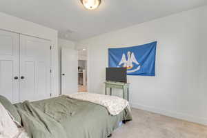 Carpeted bedroom with a closet