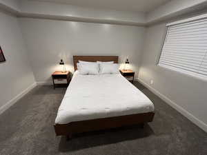 Bedroom with dark colored carpet