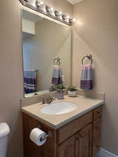 Downstairs bathroom with toilet and vanity