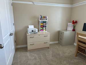 Bedroom #2 with light colored carpet and double closet with organizers