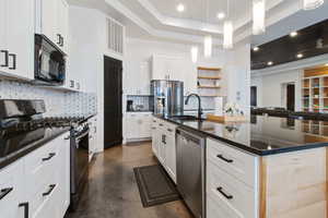 Kitchen with white cabinetry, stainless steel appliances, an island with sink, sink, and a raised ceiling