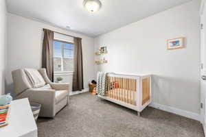 Bedroom with a textured ceiling, carpet flooring, and a crib