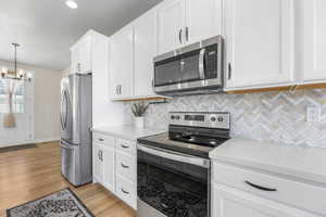 Kitchen with white cabinetry, appliances with stainless steel finishes, backsplash, light wood-type flooring, and hanging light fixtures