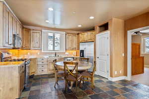 Kitchen featuring plenty of natural light, light brown cabinets, and stainless steel appliances