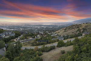 Aerial view at dusk with a mountain view