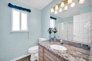 Bathroom featuring vanity, toilet, wood-type flooring, and a shower with door