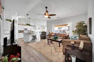 Living room with ceiling fan, lofted ceiling, a textured ceiling, light hardwood / wood-style flooring, and sink