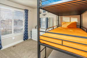 Carpeted bedroom featuring multiple windows