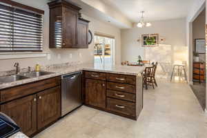 Kitchen with dark brown cabinetry, decorative light fixtures, sink, kitchen peninsula, and stainless steel dishwasher