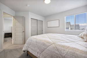 Carpeted bedroom with a closet