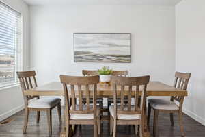Dining room featuring baseboards, visible vents, and wood finished floors