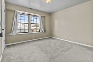 Carpeted empty room with a textured ceiling