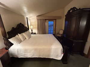 Primary bedroom with vaulted ceiling