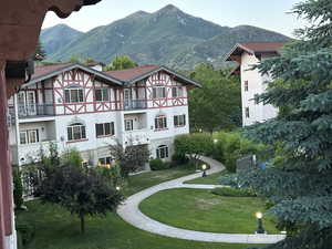 View from balcony to interior court yard by the pool