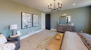 Bedroom with light colored carpet and an inviting chandelier