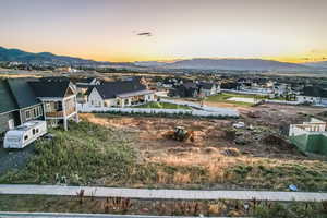 Aerial view at dusk with a mountain view