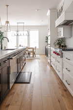 Kitchen with pendant lighting, custom exhaust hood, sink, white cabinets, and stainless steel appliances