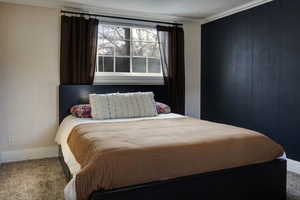 Bedroom with carpet, crown molding, and a textured ceiling