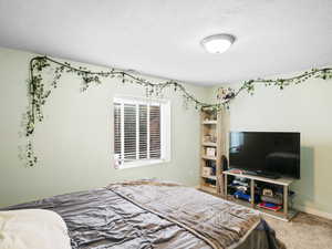 Carpeted bedroom with a textured ceiling