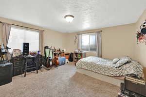 Carpeted bedroom featuring a textured ceiling