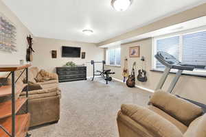 Exercise area featuring carpet floors