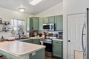 Kitchen featuring sink, appliances with stainless steel finishes, kitchen peninsula, and green cabinetry