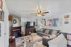 Living room with ceiling fan and dark hardwood / wood-style flooring