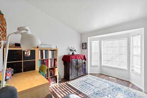 Bedroom with lofted ceiling and dark hardwood / wood-style flooring