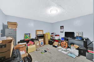 Carpeted office featuring a textured ceiling