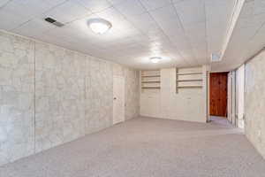 Basement with built in shelves and carpet floors