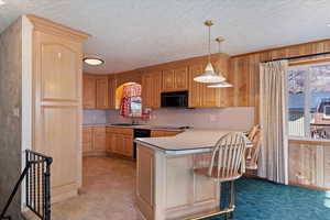 Kitchen featuring kitchen peninsula, hanging light fixtures, sink, wood walls, and black appliances