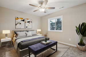 Bedroom with light carpet and ceiling fan