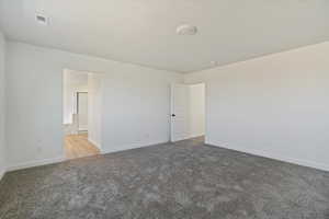 Carpeted empty room with a textured ceiling