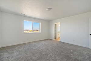 Carpeted spare room featuring a textured ceiling