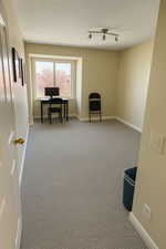 Second bedroom upstairs featuring light carpet, a textured ceiling, and rail lighting