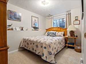 Bedroom featuring light carpet and a textured ceiling