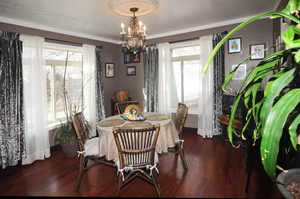 Dining room with crown molding, an inviting chandelier, a textured ceiling, and dark hardwood / wood-style flooring