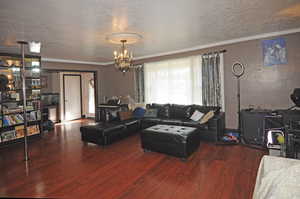 Living room featuring hardwood / wood-style flooring, a textured ceiling, crown molding, and a notable chandelier