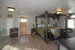 Master bedroom featuring wood-type flooring, connected bathroom, and a textured ceiling