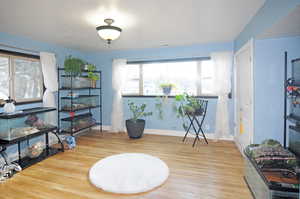 Interior space with hardwood flooring.