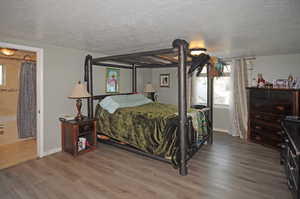 Master bedroom with hardwood / wood-style flooring, connected bathroom, and a textured ceiling