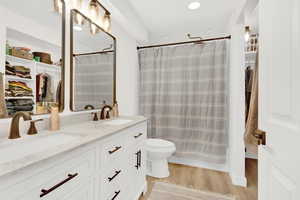 Bathroom featuring vanity, toilet, and wood-type flooring