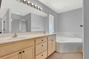 Bathroom with vanity and separate shower and tub