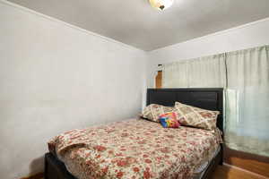 Bedroom featuring wood-type flooring and crown molding