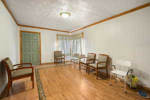 Living area featuring light wood-type flooring, a textured ceiling, and ornamental molding