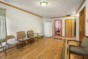 Living area featuring crown molding, a textured ceiling, and light hardwood / wood-style flooring