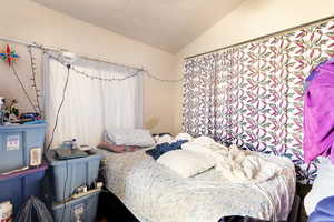 Bedroom with lofted ceiling